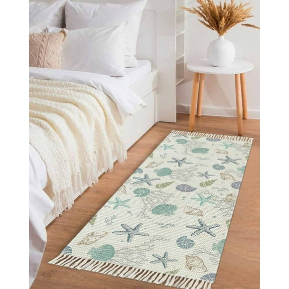 Ocean Coastal Hallway Runner Rug 2x5ft,Nautical Starfish Seashells Coral Conch Washable Woven Living Room Bedroom Kitchen Bathroom Carpet with Tassels,Indoor Outdoor Throw Door Mat for Entryway