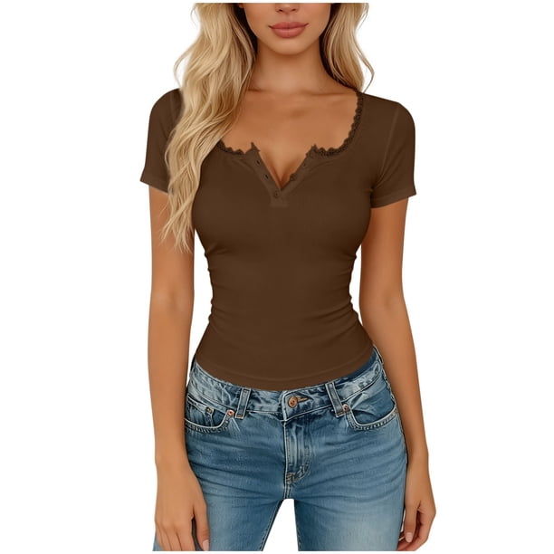 Mujeres Manga Corta Tops Casual Ruffle Botón V-Cuello Montado Manga Corta Superior Poliéster Ligero Suave Cómodo para la Primavera Verano Uso Diario