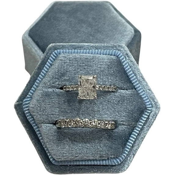 Velvet Treasures Engagement Ring Box, Double Slots Vintage Hexagon Wedding Jewelry Box for Ceremony, Display & Storage, Light Blue