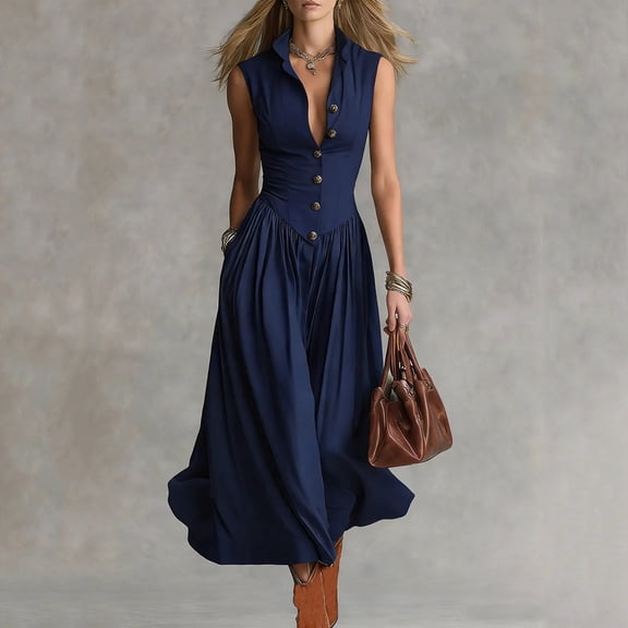 Jamicy Women's Summer Casual Dresses Sleeveless V Neck Sundress Button Drop Waist A Line Long Maxi Dress with Pockets Beach Summer Dress