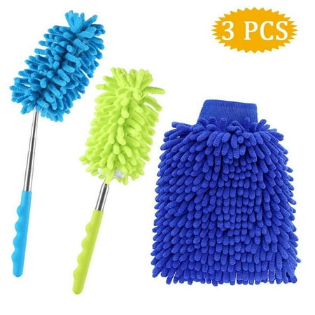 Extendable Microfiber Cobweb Duster with Extra Duster Glove/ Wash Mitt for Home Office Car, Bendable Cleaning Duster Dusting Brush with Extendable Pole, Duster Head