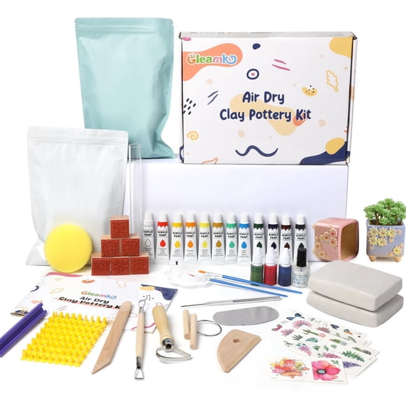 Kit de cerámica Gleamkid Air Dry Clay para adultos con herramientas y barniz