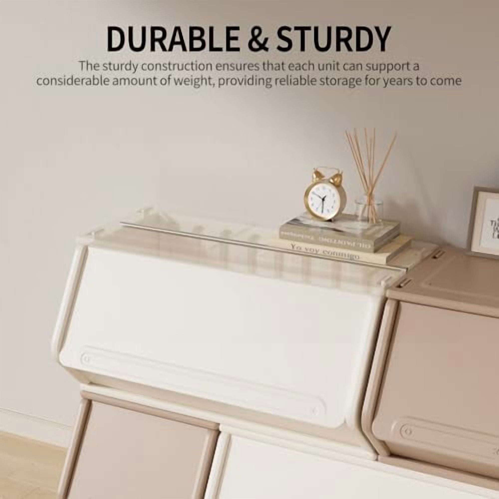 UNICOO® 2+4 Free Combination Stackable Plastic Storage Cabinet w/Dust Proof Cube Containers, Customizable, Lightweight Organizer for Home, Office, School, Dorm (2+4 Coffee & Cream)