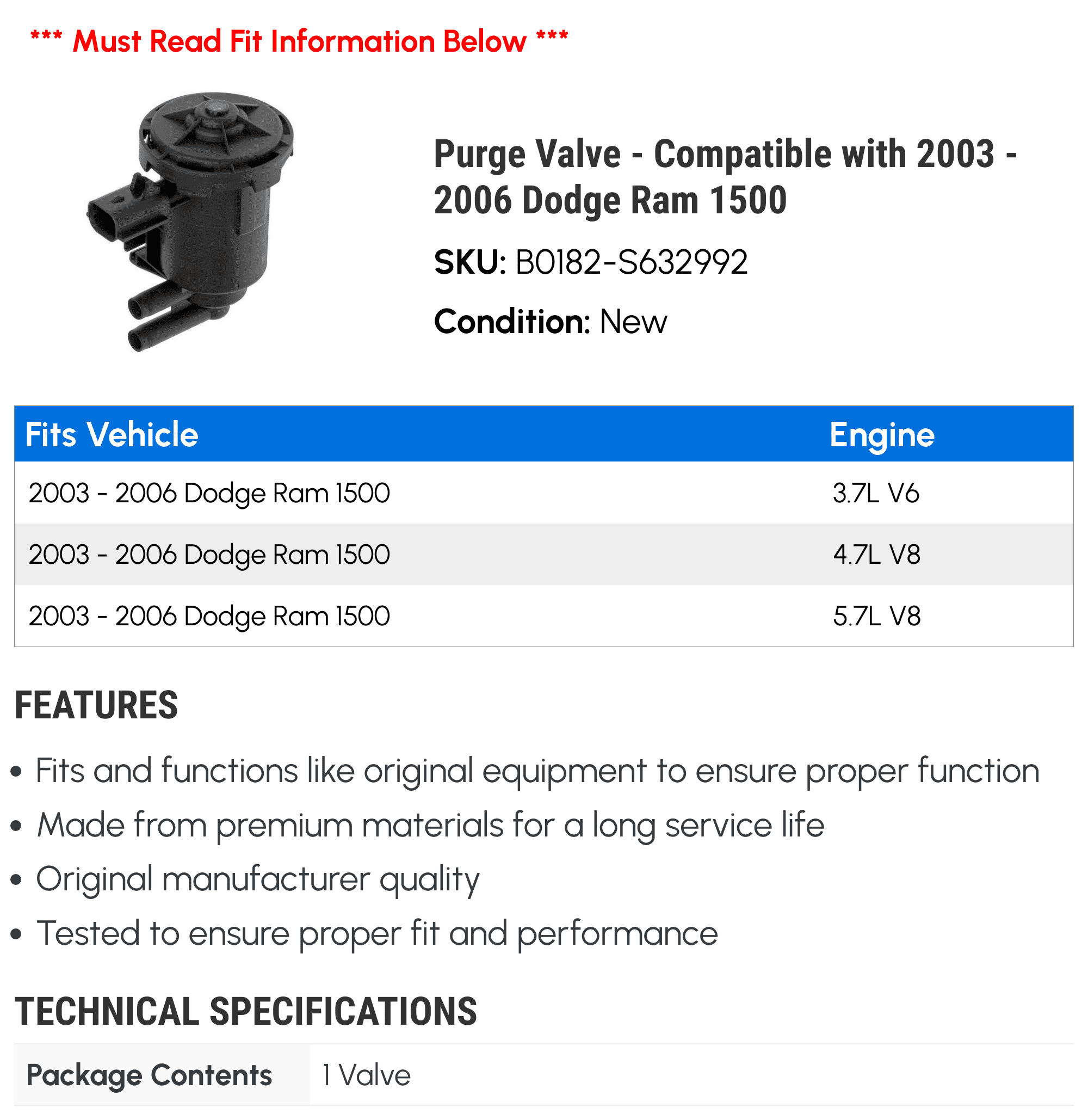 Purge Valve - Compatible with 2003 - 2006 Dodge Ram 1500 2004 2005