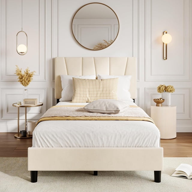 Twin Size Bed Frame with Adjustable Headboard, Linen Upholstered Full Platform Bedframe with Strong Wooden Slats, Mattress Foundation, No Box Spring Needed, Easy Assembly, White