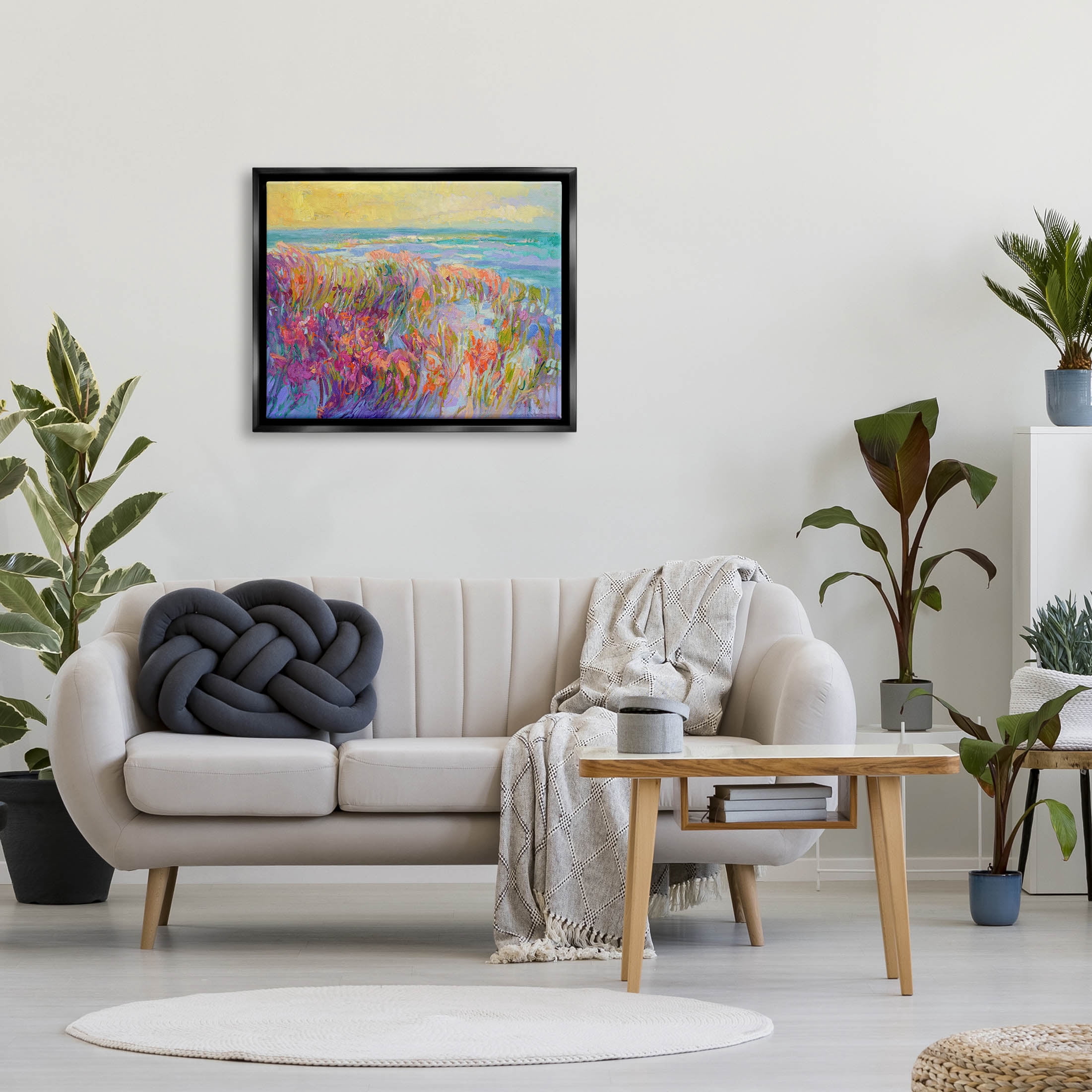 Stupell Industries Modern Seaside Flower Meadow Painting Jet Black Floating Framed Canvas Print Wall Art, Design by Dorothy Fagan