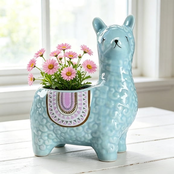 Cartoon Alpaca Ceramic Flower Pot, Funny Desk Ornament, Cute Animal Planter for Home Decor, Blue, 6.1 inches