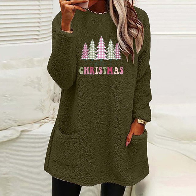 Qertyioot Femmes de Noël Col Rond Chandails, Ronds et d'Hiver Lâches Poche Chaude Blouse Manches Longues Tops