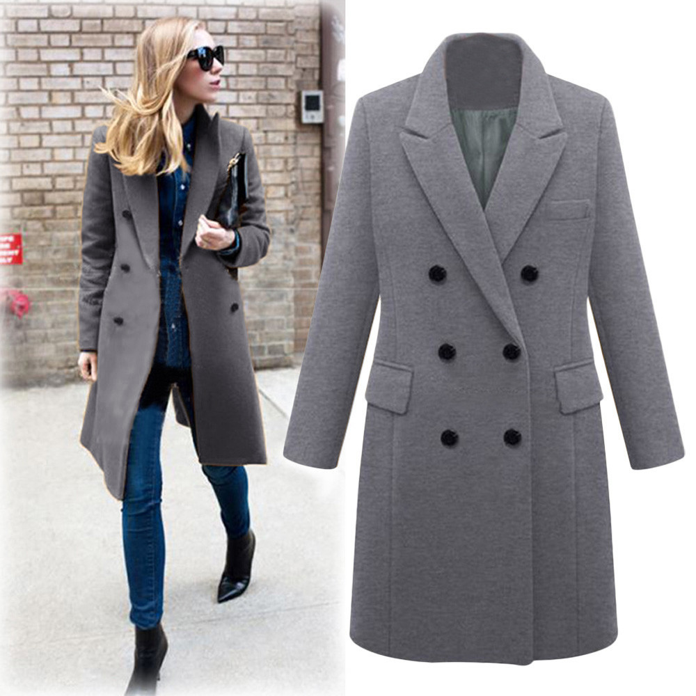 Women Winter Warm Wool Blend Mid-Long Pea Coat Basic Designed Notch Double-Breasted Lapel Jacket Outwear for Women Womens Clothes - image 2 of 5