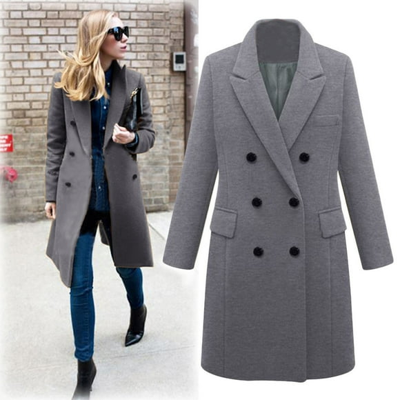 Aboser Womens Double Breasted Overcoat Mid Length Trench Jacket Elegant Notched Collar Peacoat Business Casual Woolen Coat Ladies Work Office Over Coats Gray L