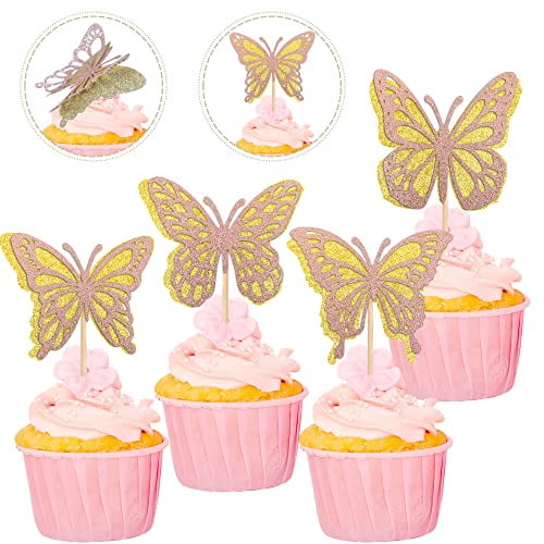 24 PCS Glitter Butterfly Cupcake Toppers Double Layers Hollow 3D