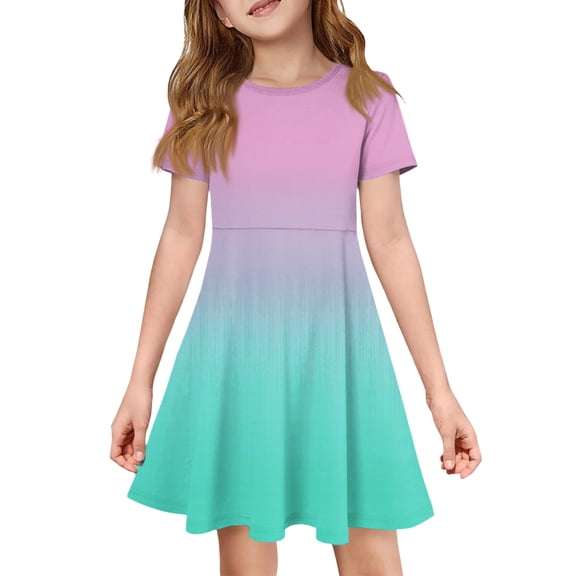 CCRFTGI Dresses for Children Girls Size 10-12 Casual Short Sleeve Summer A Line Skater Dress Cute Gradient Dresses Party Girls Fashion Light Green 5-6 Years