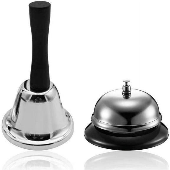 Pack of 2, Stainless Steel Hand Bell and Call Bell, 3 Inch Hand Bell and 3.3 Inch Diameter Desk Bell Service Bell for Hotels, Schools, Restaurants, Reception Areas, Hospitals, Warehouses