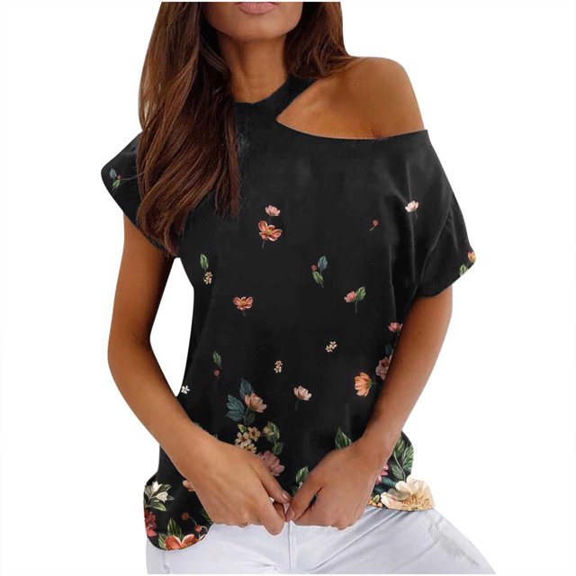 Mujeres Verano Cuello Redondo Manga Corta Estampado Sin Tirantes Camiseta Tops Blusas OAVQHLG3B Store lin121212