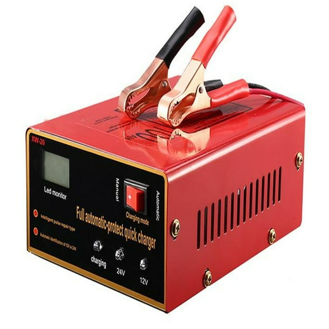Clearance Items! Maintenance- Battery Charger For Vehicles 12V/24V 10A 140W Output designed in durable red stainless steel with LED display, manual and automatic charging modes, and heat-dissipating smart fans. Includes red and black clamps for lead-acid and lithium batteries. Ideal for charging car, truck, motorcycle, and agricultural vehicle batteries.
