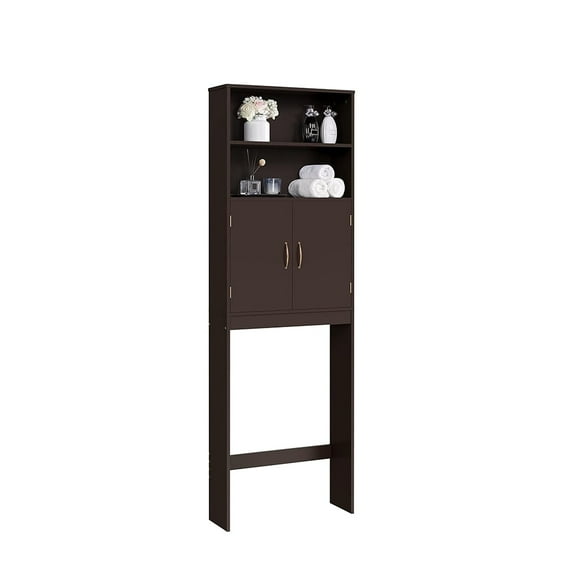 Over The Toilet Cabinet, Double Door Bathroom Storage Organizer, Toilet Rack with Inner Adjustable Shelf and 2 Upper Open Compartments, Dark Brown