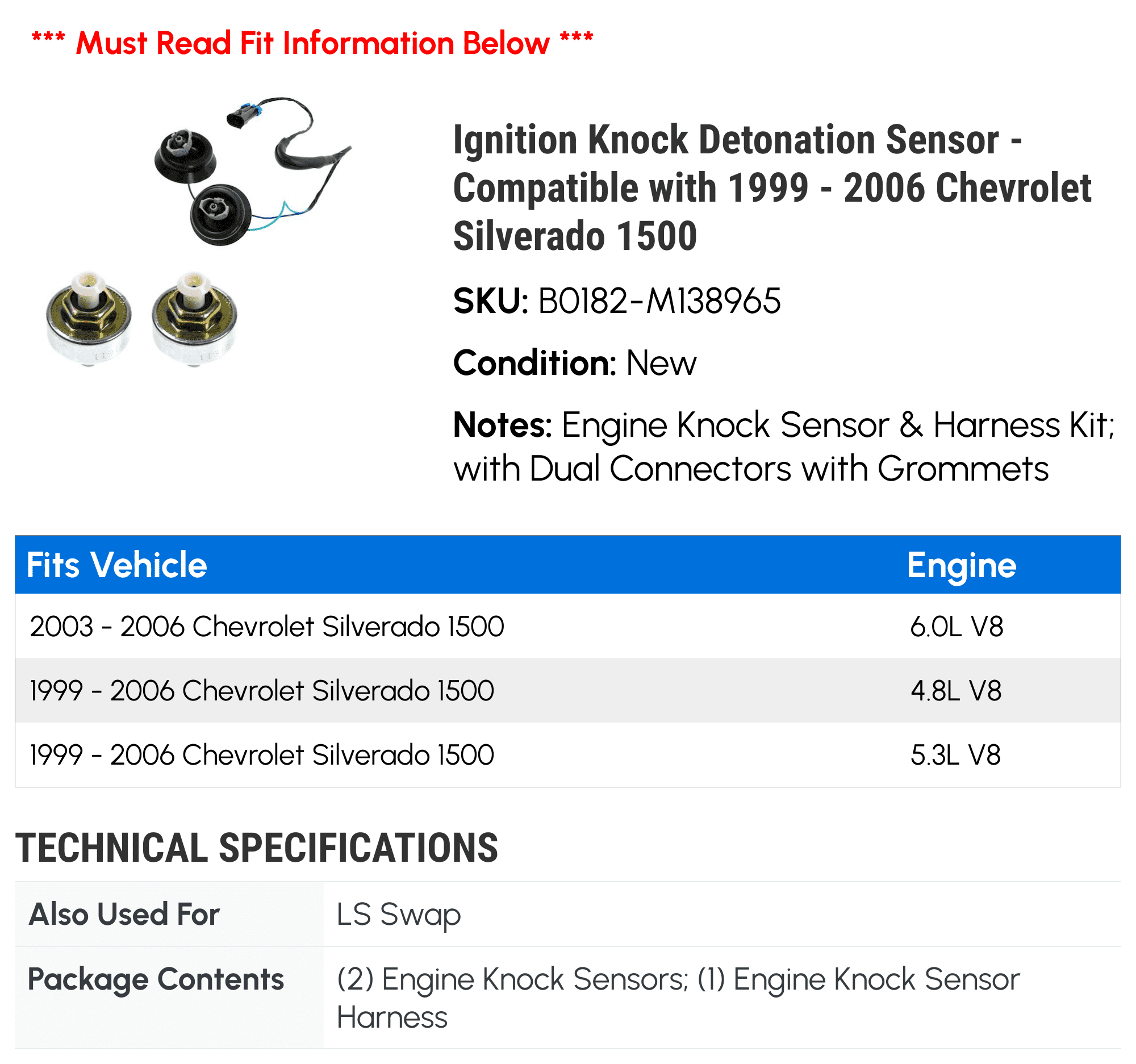 Ignition Knock Detonation Sensor - Compatible with 1999 - 2006 Chevy Silverado 1500 2000 2001 2002 2003 2004 2005