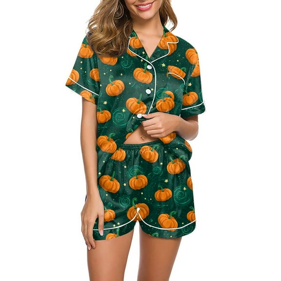 WTOBBY Women's Casual Halloween Pajama Set Loose Fit Short Sleeve Top with Elastic Waist Shorts Printed Two-Piece Sleepwear Home Lounge Wear Outfit,Army Green L