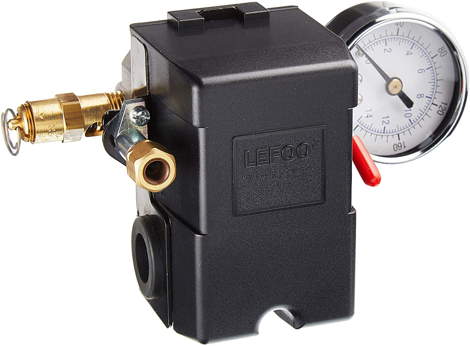 H/D PRESSURE SWITCH AIR COMPRESSOR 90-125 4 PORT 26 AMP w/ Gauge & Pop off valve 
