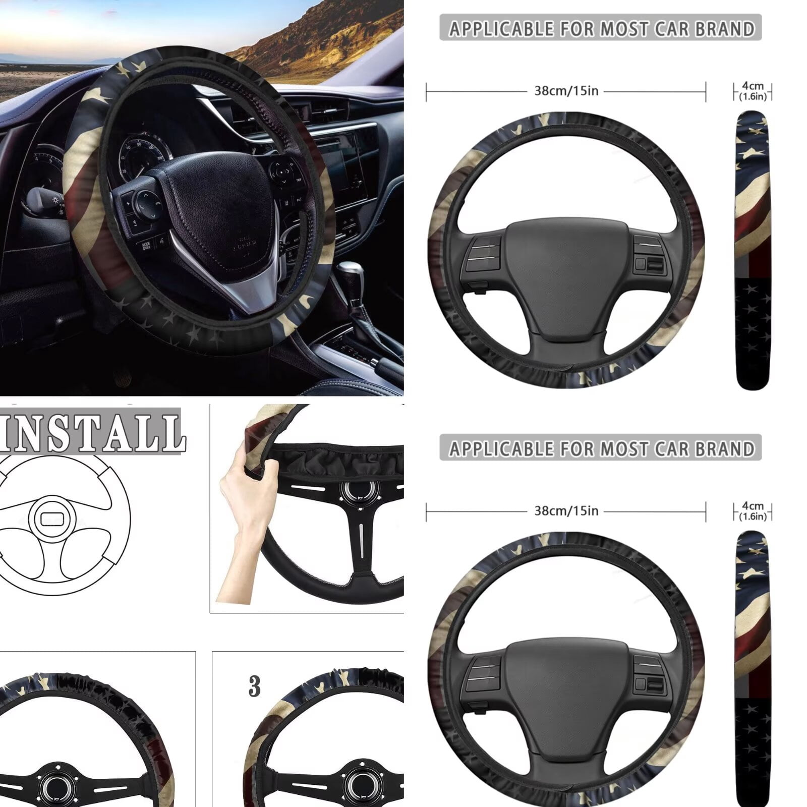 KUIFORTI Bald Eagle Car Seat Covers Front Seats American Flag Seat Belt Cover Pad, Steering Wheel Protector, Coasters, Chapstick Holder, Car Trash Can, Car Pouch Car Vent Pocket