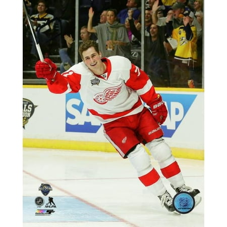 Dylan Larkin celebrates winning the NHL Fastest Skater contest 2016 NHL All-Star Game Photo