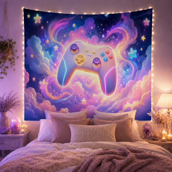 Pastel Gaming Controller Among Stars and Cosmic Clouds, Whimsical Fantasy for Gamers, Cosmic Gaming Decor, Birthday Gift, Tapestry Wall Hanging for Gaming Room and Dorm