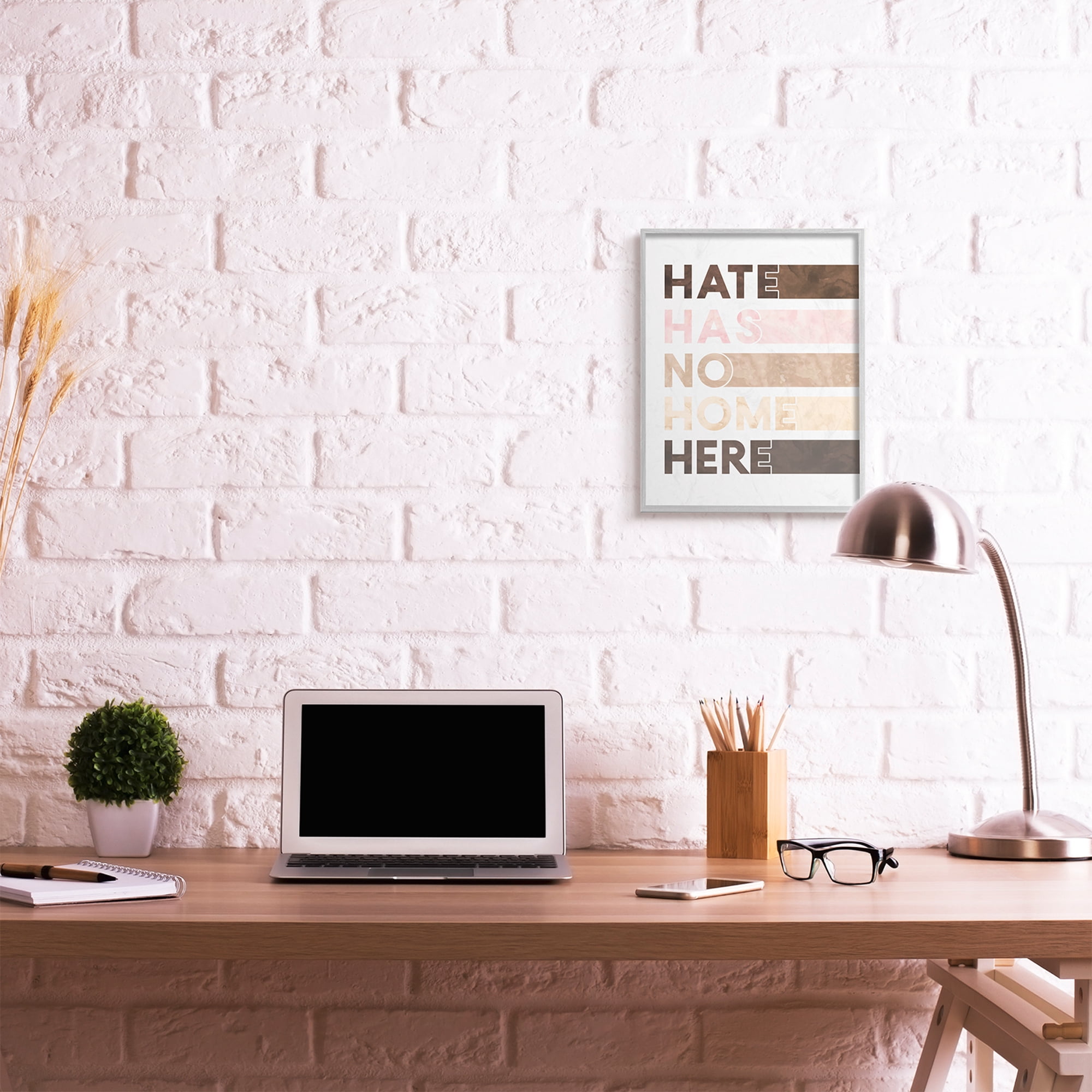 Stupell Industries Hate Has No Home Phrase Motivational Inclusivity Quote Typography Painting Gray Framed Art Print Wall Art, 16 x 20
