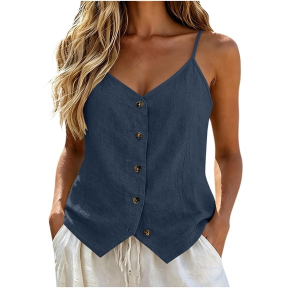 cocolona Womens Summer Camisole Linen Tank Tops V Neck Sleeveless Button Shirts Trendy Casual Adjustable Strap Solid Color Blouses