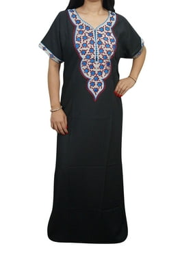 Mogul Womens Kaftan Embroidered Neckline Maxi Dress Cotton Nightgown Caftan Nightdress