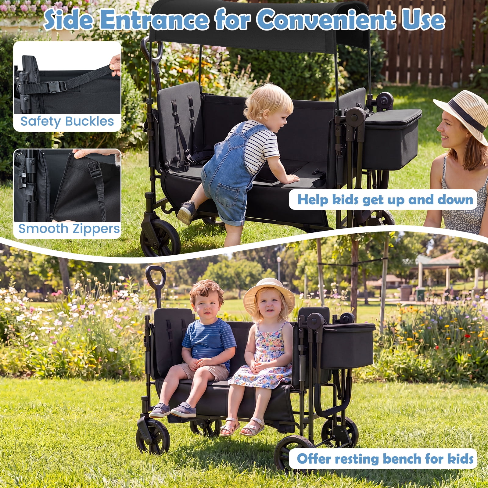 Babyjoy Foldable Wagon Stroller ,Baby Stroller with Removable Canopy,Adjustable Handle Black