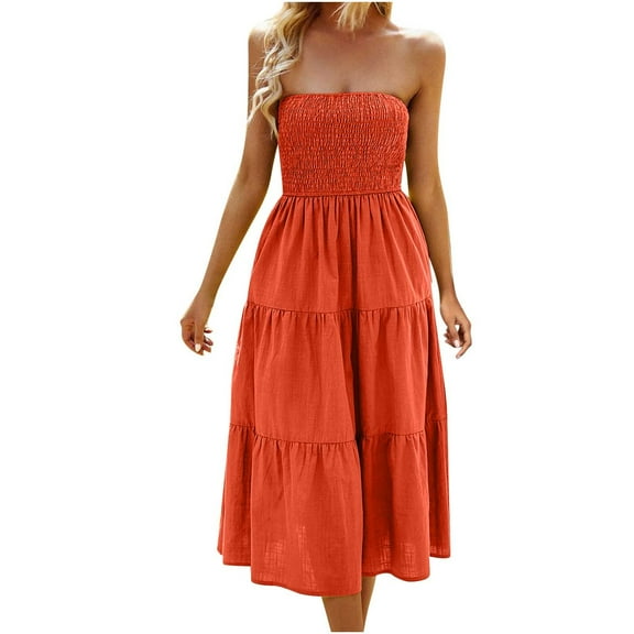 Dyegold Sundresses for Women Casual Beach - Maxi Dress for Women 2023 Strapless Smocked Backless Tiered Tube Bandeau A-Line Boho Cute Birthday Beach ​​Sundress