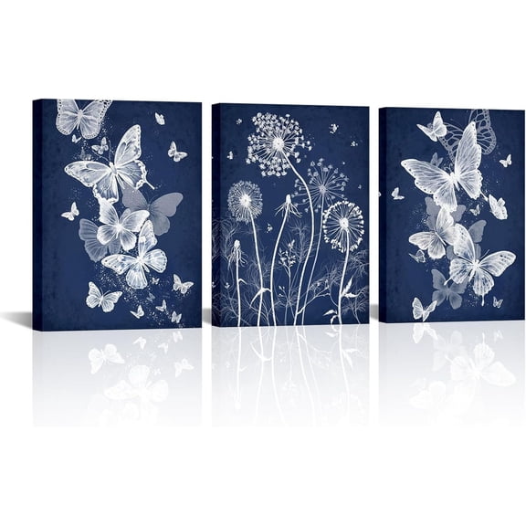 Hieng Blue Butterfly Canvas Wall Art Navy Blue Butterflies and Dandelion Picture Painting for Bathroom Bedroom Home Decor Gallery Wrapped(only canvas)