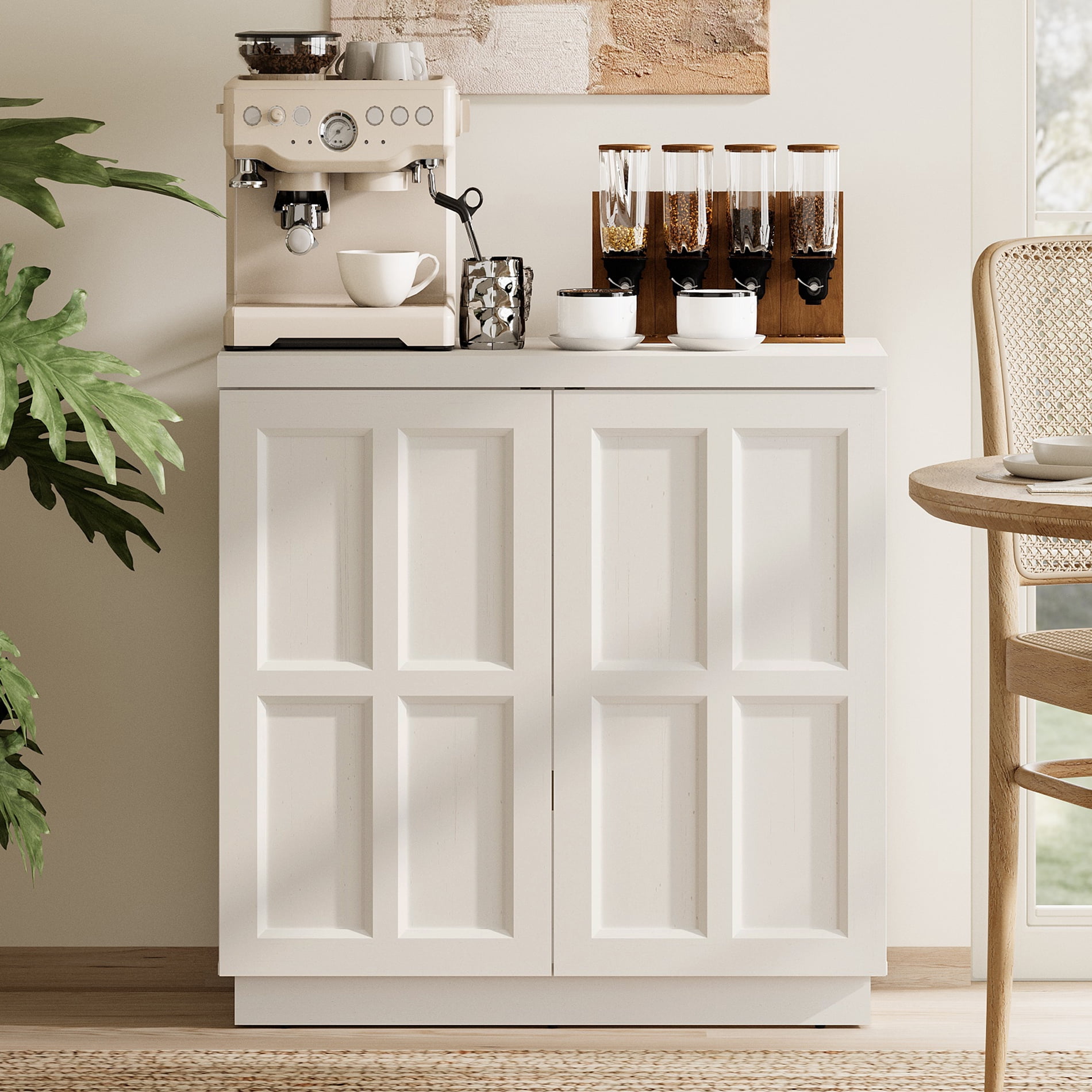 HOMOOI 31.5" Sideboard Buffet Cabinet with Cabinets and Adjustable Shelves,Boho Heavy-Duty Wood Coffee Bar Cabinet,Modern Console Table for Kitchen, Dining Room, Living Room,White