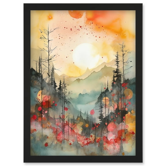 Sunrise Over Misty Mountain Forest Landscape Modern Watercolour Painting Artwork Framed Wall Art Print A4