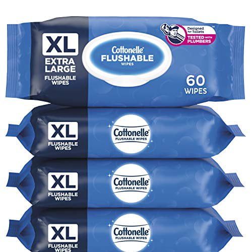 Cottonelle XL Flushable Wipes, Extra Large, 4 FlipTop Packs, 60 Wipes
