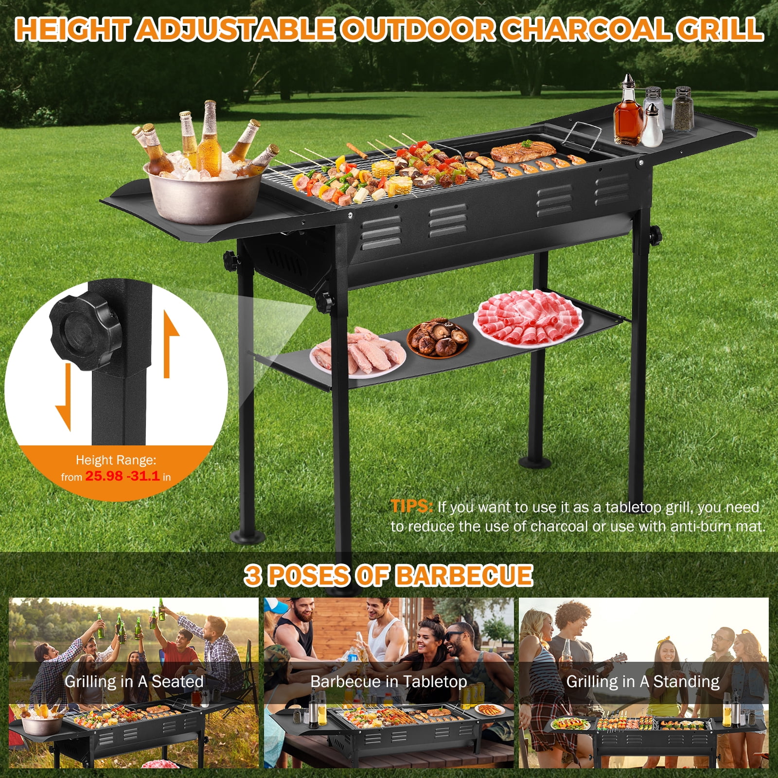 BEAMNOVA Portable Charcoal Grills for Outdoor BBQ, Foldable Barbecue Grills with Carry Bag, for Home Camping Picnics Backyard Grilling, Black