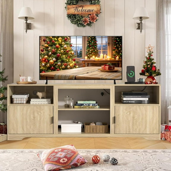 Modern TV Stand for TVs up to 80", Entertainment Center with Storage, Media TV Console Table for Living Room, Wood