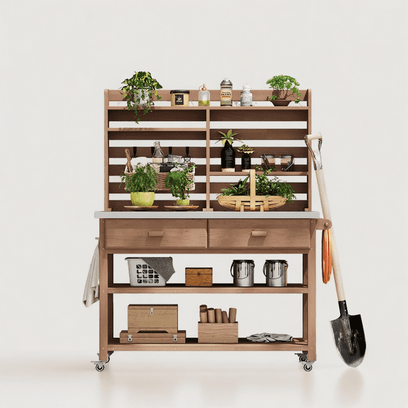 Deck Box K&K 64.9"H Outdoor Potting Bench Table with Lockable Wheels, Solid Wood Outdoor Kitchen Island with Upper Hutch, Stainless Steel Top, Towel Rack ,Outdoor Storage for Grilling, Lawn Garden -B