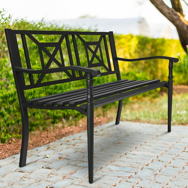 Costway Patio Garden Bench Steel Frame Park Yard Outdoor Furniture Porch Chair Black Walmart