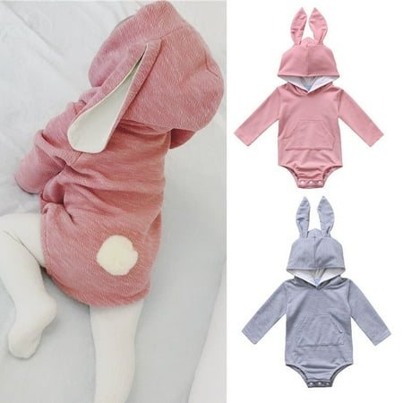 - Infant Baby Girl Boys Hooded Rabbit Ear Romper Cotton Bodysuit Outfits Pink Blue