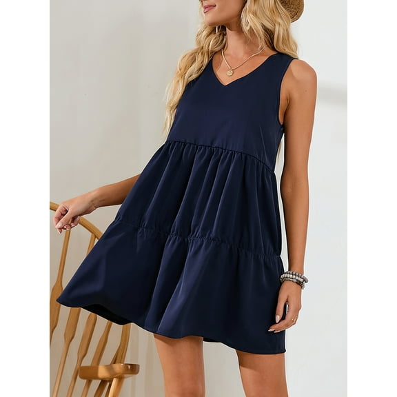 LELINTA Women Summer Beach Sundress Sleeveless Tank Dress V Neck Vest T-shirt Dress Casual Loose Flowy Swing Shift Dresses, Black/ Green/ Navy Blue/ Wine Red/ Caramel, S-2XL