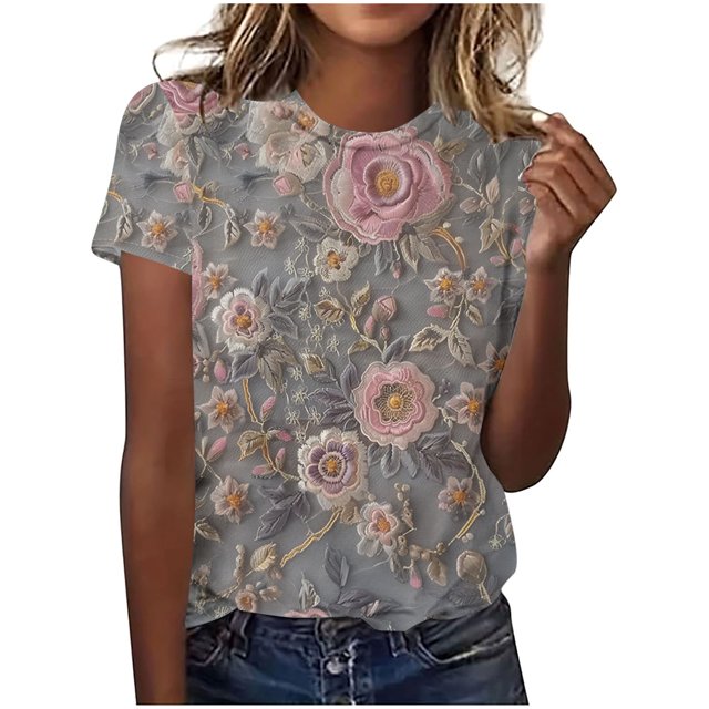 Hauts d'Été pour Femmes DYTTDG T-shirt à Fleurs Mode pour Femmes Grande Taille Col Rond Manches Courtes Décontracté Ample Tee Haut Hauts pour Femmes Liquidation Moins de 10 Multicolore,P