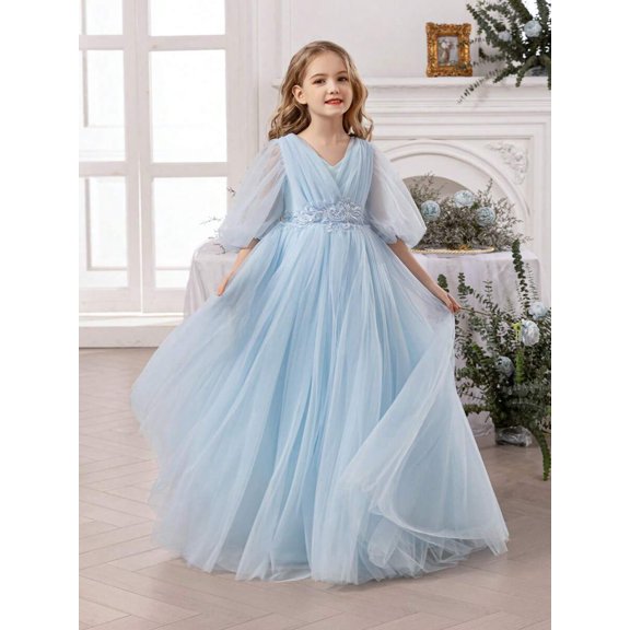 Elegant Light Blue Tulle Ball Gown Dress With Embroidered Waistband