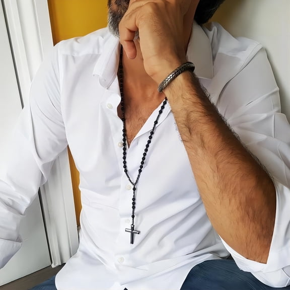 Lordgold Mens Cross Rosary Necklaces, Hematite Pendant with 70cm 14K Black Gold Beaded Long Chain, Religious Faith Prayer Jewelry