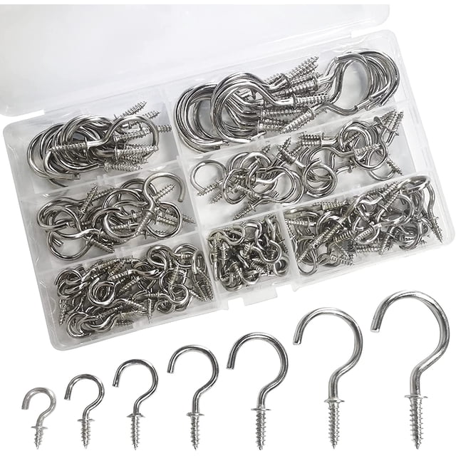 Stainless Steel Eye Hooks, Metal Cup Hooks For Hanging Objects, Anti-Rust Screw Hooks For Indoor And Outdoor Applications, Space Saving Design, 7 Sizes Included