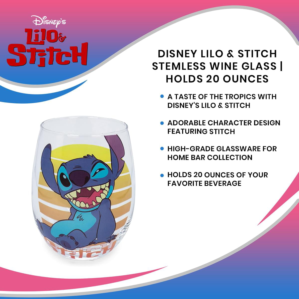 Lilo and Stitch Disney Sunset Stemless 20 oz Wine Glass