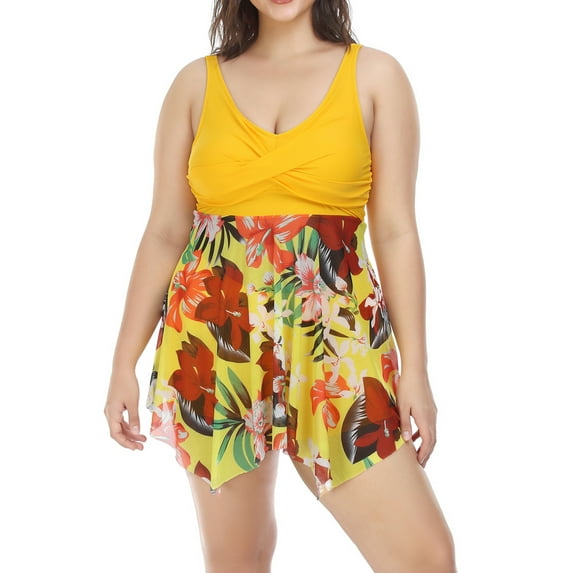 TSEXIEFOOFU Women Plus Size 2 Pieces Tankini Swimsuits Leaves Floral Print Patchwork V-Neck Tops and High Waist Shorts Bottoms Bikini Set(Yellow,XXXL)