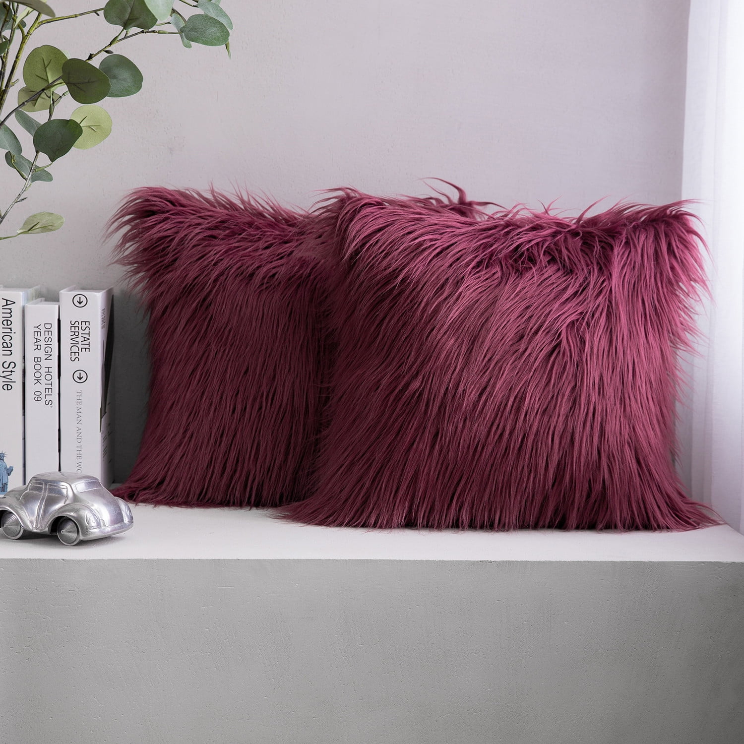 Phantoscope 22" x 22" 2-Pack Faux Fur Decorative Throw Pillows, Plush Cushions with Inserts for Couch, Bed, Chair, Dark Purple