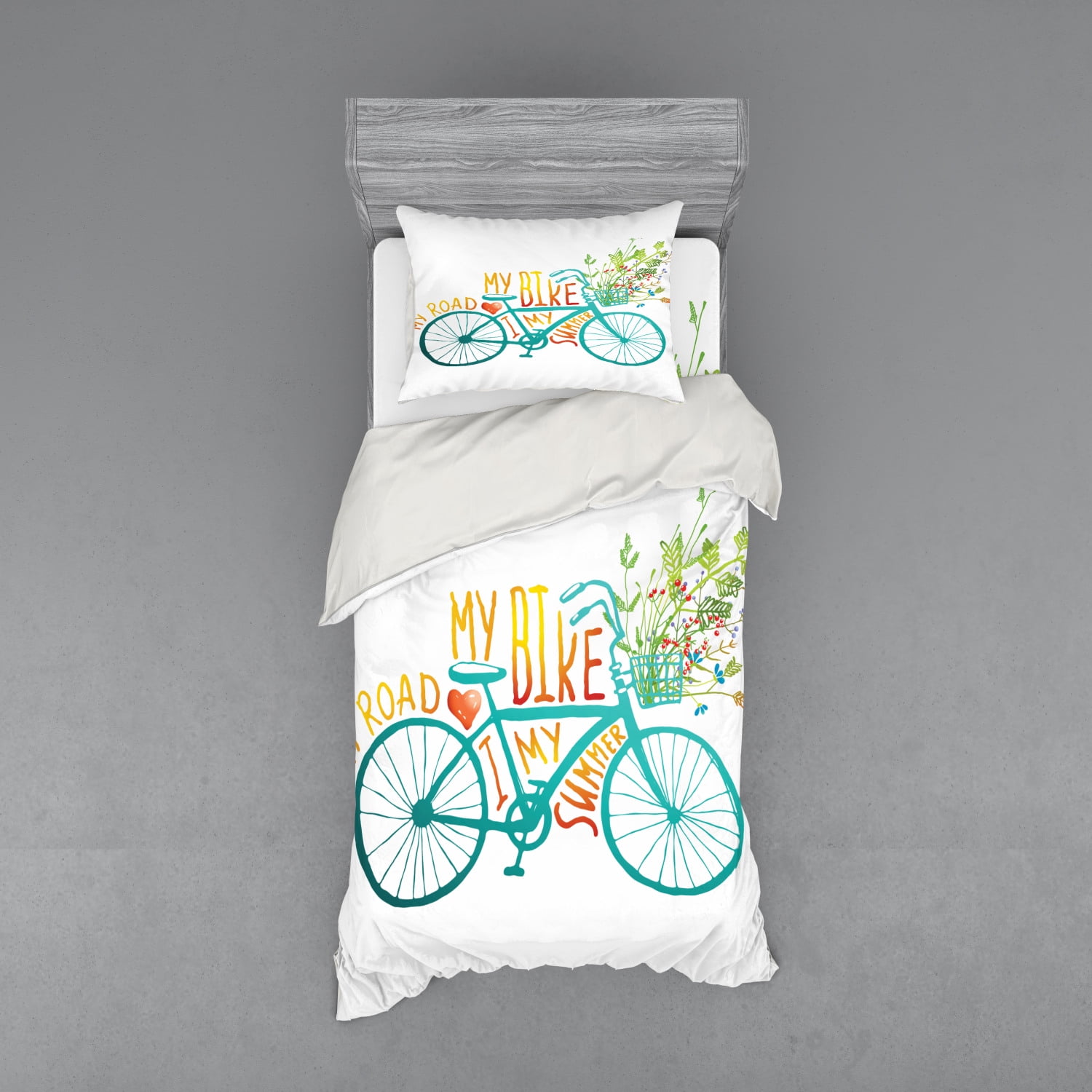 Bicycle Duvet Cover Set, Vintage Summer Bike a Floral Bouquet Vehicle