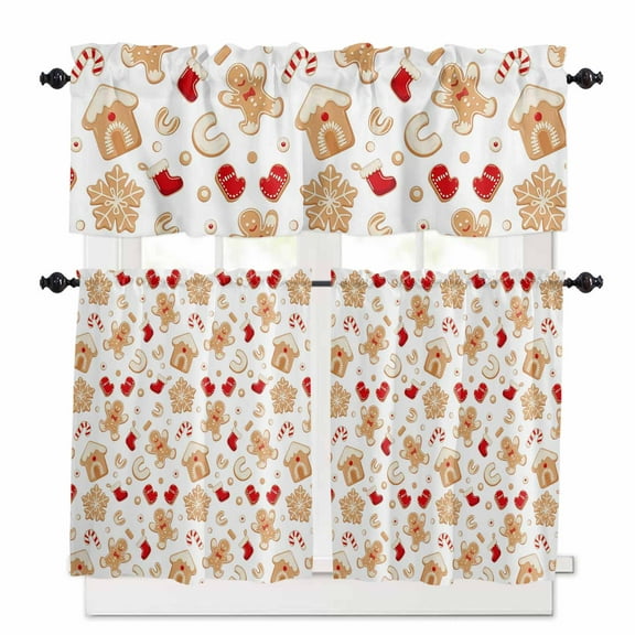 Christmas Gingerbread Man Kitchen Curtains and Valances Set, Winter Snowflake Food White Rod Pocket Window Valance 18 Inch Window Curtain Panels for Living Room Bedroom Laundry, 27.5x24in, 3 Pieces